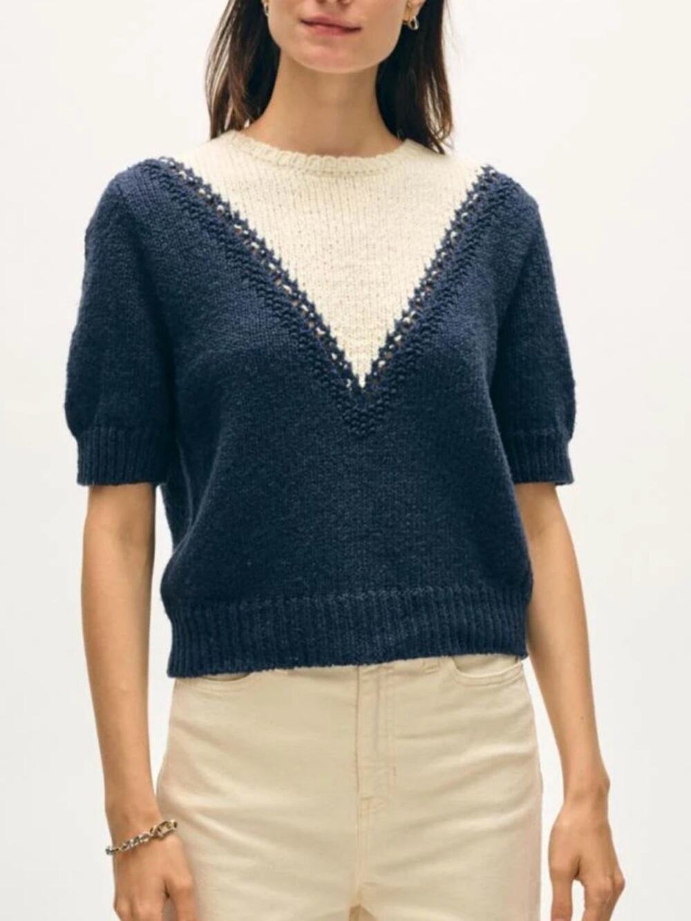 White + Warren Cotton Boucle Pointelle Sweater Knit XS Navy Blue Ivory NWT $275